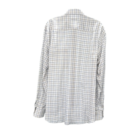 ERMENEGILDO ZEGNA WHITE W BLUE & BROWN GRID PATTERN CHECKED COTTON DRESS SHIRT - Picture 8 of 11